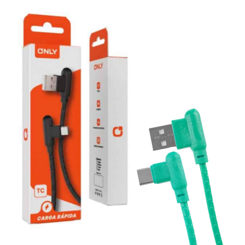 CABLE USB TIPO C FICHA EN L A USB FICHA EN L 1MTS ONLY CARGA RAPIDA VERDE